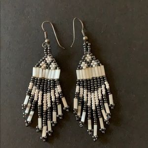 Black & cream beaded dangle earrings